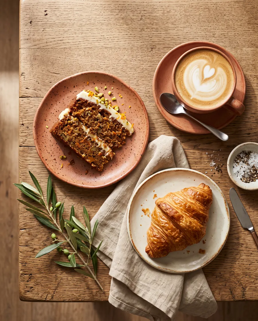 Domácí dezert, croissant a cappuccino na dřevěném stole