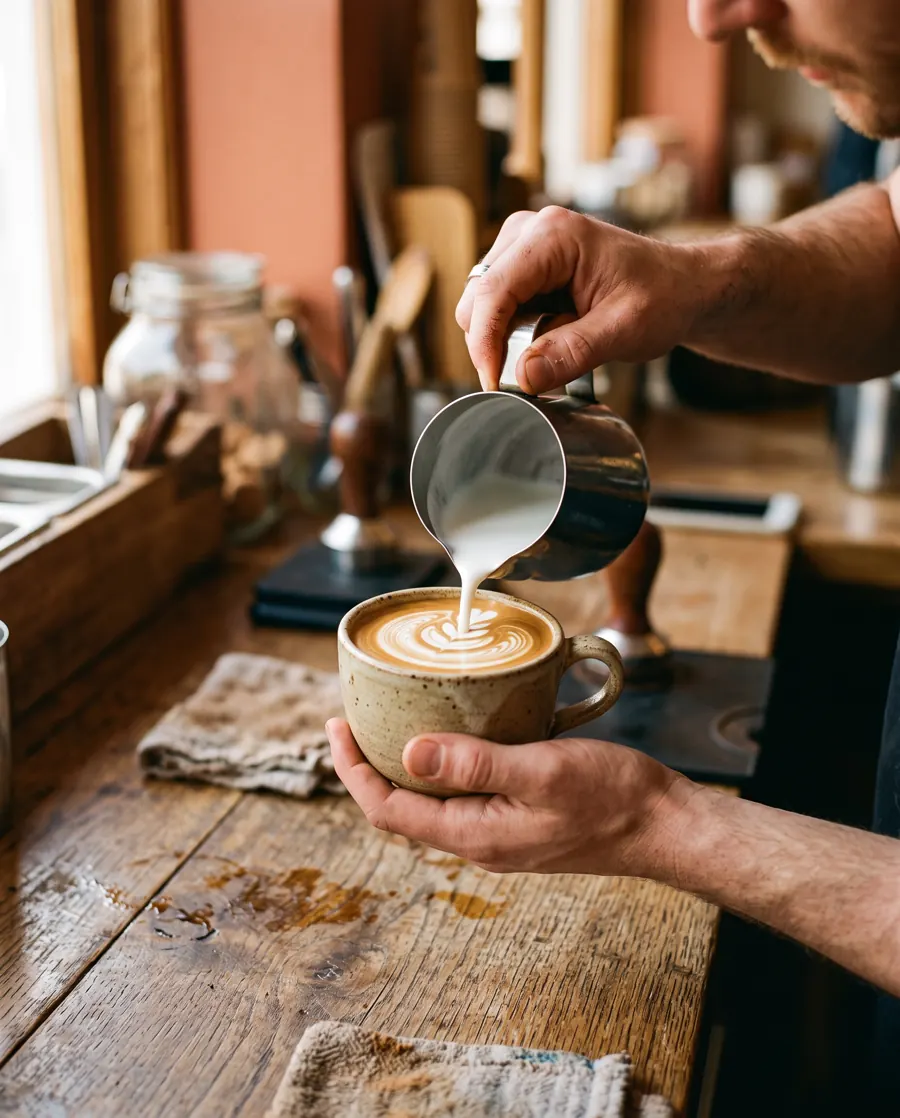 Barista nalévá mléko do flat white a vytváří latte art